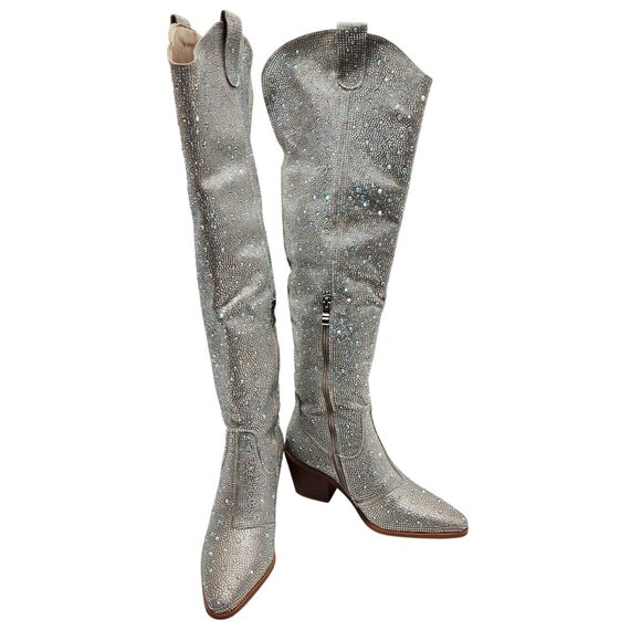 Rhinestone Embellished Silver Western Style Knee-High Boots Block Heel Size 6 - Picture 4 of 12